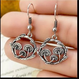 Silver antiqued titanium Mushroom leaf hoop boho earrings new